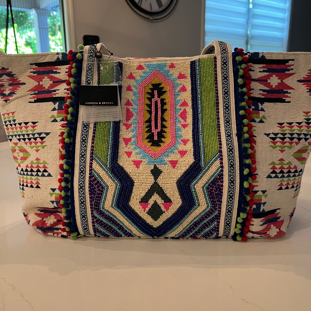 America & Beyond Large Beaded Multicolor Tote Bag Croosbody NEW
